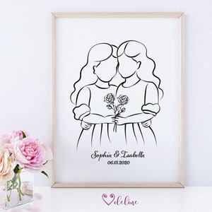 Presente de aniversário personalizado com nome de gêmeos, arte de parede com flores do mês de nascimento para meninas gêmeas, arte de linha minimalista com flores de nascimento