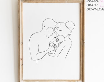 Mom Dad Baby Art Print, Mom Dad Baby Line Art, Family Line Drawing, Minimalist Nursery Decor, Printable Wall Art