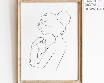 Mother and Baby Art Print, Mom Sketch Wall Art, Mother&#39;s Day Gift, Minimalist Line Art, Printable Wall Art