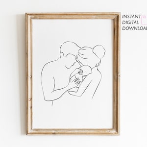 Mom Dad Baby Art Print, Mom Dad Baby Line Art, Family Line Drawing, Minimalist Nursery Decor, Printable Wall Art