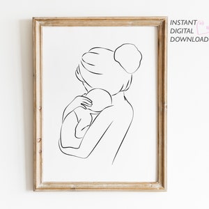 Mother and Baby Art Print, Mom Sketch Wall Art, Mother's Day Gift, Minimalist Line Art, Printable Wall Art