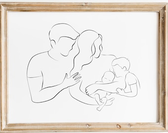 Parents with Children Line Art, Newborn and Big Brother Wall Art, Mom Dad Son, Printable Art