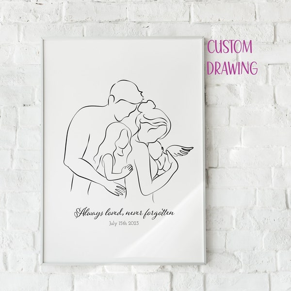 Custom Angel Baby Line Art, Family With Angel Printable, Infant Loss Gift, Baby Loss Remembrance, Personalizable Angel Baby Drawing