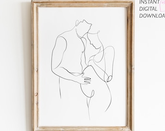 Disegno al tratto di uomo e donna incinta, arte della parete della gravidanza, arte della linea minimalista, arte stampabile
