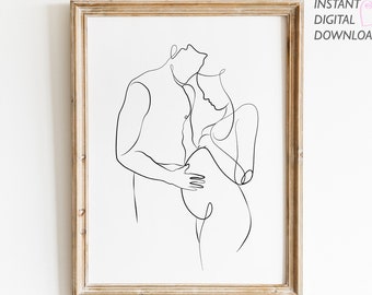 Man and Pregnant Woman Line Drawing, Pregnancy Wall Art, Minimalist Line Art, Printable Art