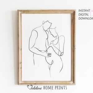 Dibujo lineal de hombre y mujer embarazada, arte mural sobre el embarazo, arte lineal minimalista, arte imprimible