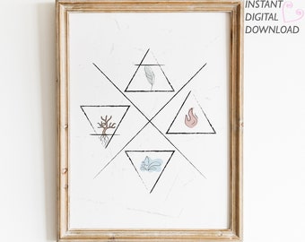 Four Elements Wall Art, Earth Fire Air Water Symbols, Minimalist Line Art, Printable Wall Art