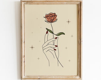Hand With Rose Line Art, Hand Holding Rose, Minimalist Flower Drawing Art, Printable Wall Art