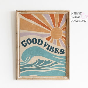 Impresión de arte de buenas vibraciones, arte de pared de olas del océano, decoración retro del hogar del sol, arte imprimible boho