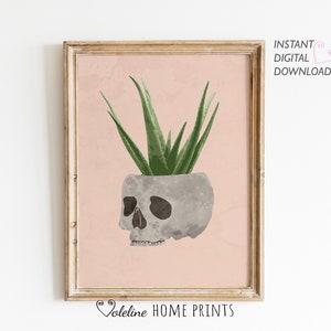 Jarrón de calavera y estampado de aloe vera, arte de pared de calavera, decoración de Halloween