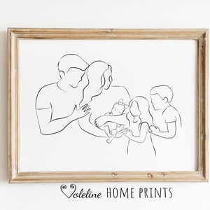 Arte lineal de una familia de 5 personas, niña recién nacida, hermano y hermana, retrato familiar, arte de pared imprimible