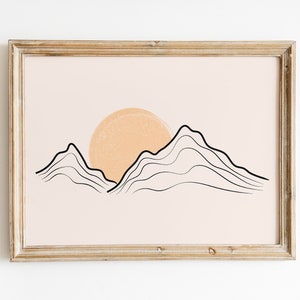 Mountain And Sun Art Print, Minimalist Mountain Line Art, Landscape Drawing Art, Printable Wall Art