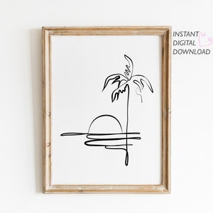 Sunset One Line Drawing, Sun and Palm Tree Printable Wall Art, Minimalist Line Art
