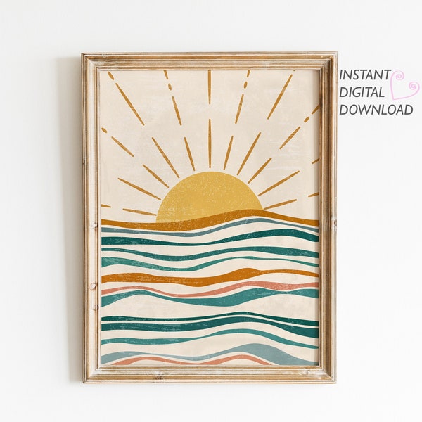 Sun and Ocean Waves Print, Boho Sunset Wall Art, Abstract Landscape Art, Nursery Decor, Printable Wall Art