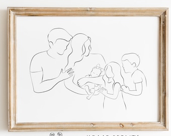 Famiglia di 5 Line Art, Fratello e sorella neonata, Ritratto di famiglia, Arte murale stampabile