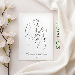 Niestandardowy wydruk ujawniający ciążę, rysunek linii pary w ciąży, niestandardowy prezent na baby shower, prezent dla ciężarnej mamy, ogłoszenie rodziców sztuka cyfrowa