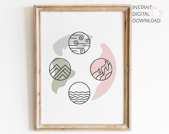 Lámina de arte de los cuatro elementos, arte de pared imprimible, tierra, fuego, aire y agua, descarga digital