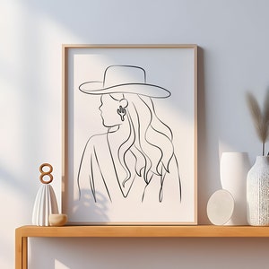 Cowgirl Line Art Print, Western Home Decor, Texas Art, Cactus Line Drawing, Printable Wall Art