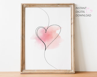 Minimalist Heart Print, Heart One Line Drawing, Heart Digital Art, Bedroom Decor, Printable Wall Art