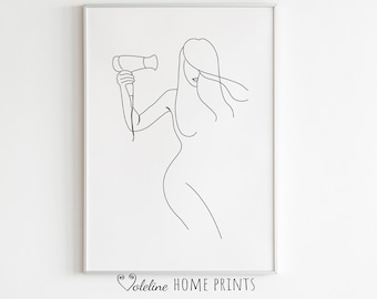 Frau Trockenhaare, Frau Körper Linie Kunst druckbar, Minimalist Linie Kunst, Badezimmer Zeichnungen, Badezimmer Kunst, Ankleidezimmer Kunst