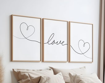 Love and Hearts One Line Drawing, Printable Wall Art Set of 3, Minimalist Line Art, Modern Line Art Print