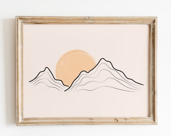 Mountain And Sun Art Print, Minimalist Mountain Line Art, Landscape Drawing Art, Printable Wall Art