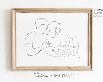 Mom Dad Daughter and Baby Line Art, Printable Family Line Drawing, Minimalist Family Drawing, Gift For Newborn