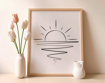Dibujo lineal de olas del océano y sol, decoración de pared veraniega, arte de pared imprimible, dibujo minimalista de puesta de sol.