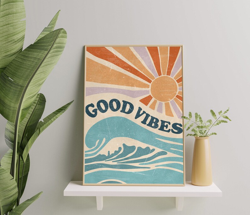 good-vibes-art-print-ocean-waves-wall-art-retro-sun-home-decor-boho