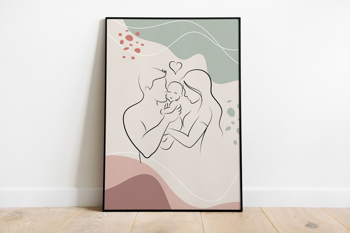 Happy Family Line Art, Mom Dad Baby Print, Printable Boho Art, Family ...