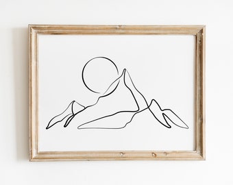 Arte lineal de montaña y sol, impresión de paisaje minimalista, arte de boceto de montaña, decoración del hogar de la naturaleza, arte de pared imprimible