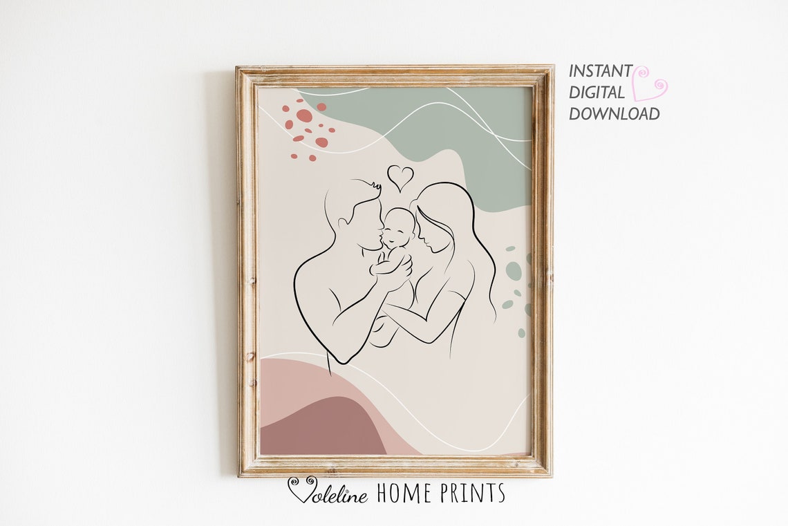 Happy Family Line Art, Mom Dad Baby Print, Printable Boho Art, Family ...