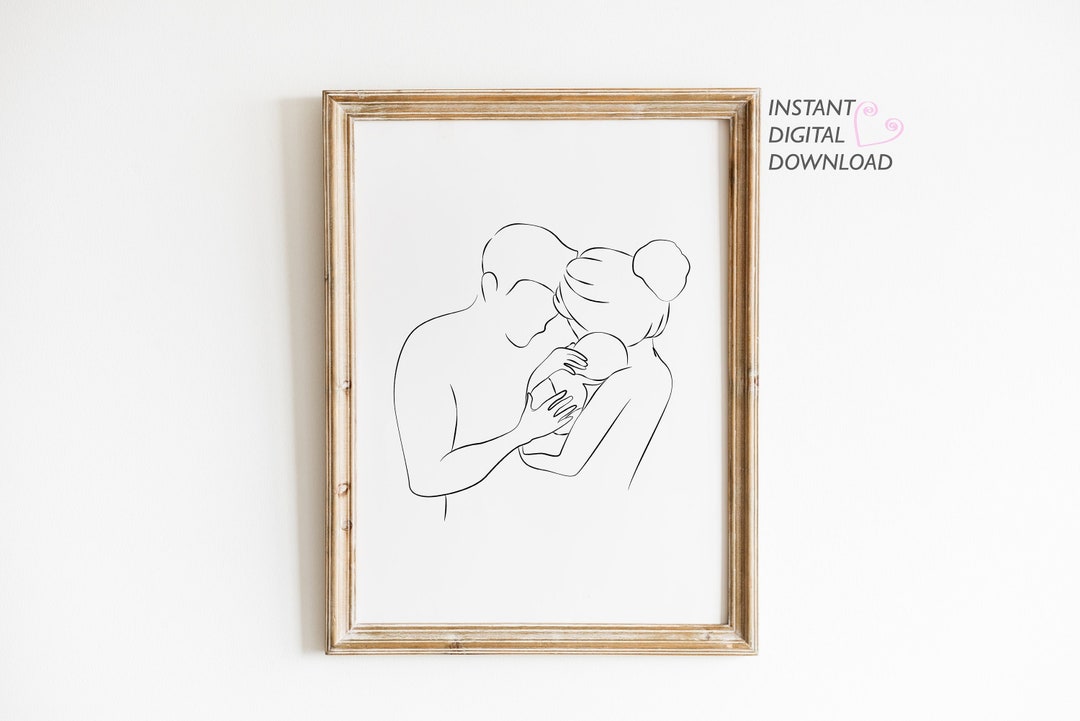 Mom Dad Baby Art Print, Mom Dad Baby Line Art, Family Line Drawing ...