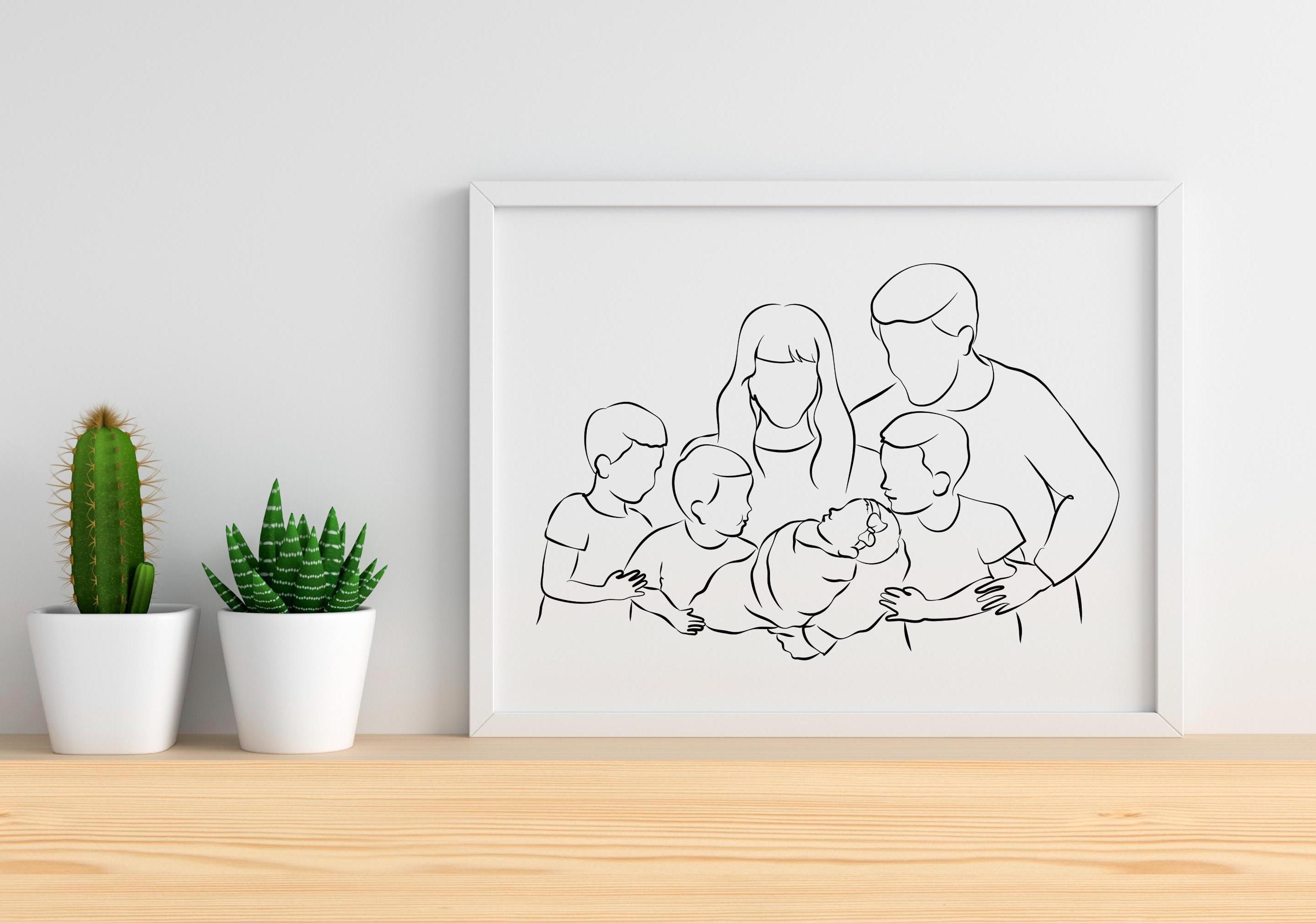 Mom Dad 3 Sons and Baby Girl Line Art, Newborn Girl Printable, Baby Girl and Brothers Gift, Family Line Drawing, Faceless Family Portrait