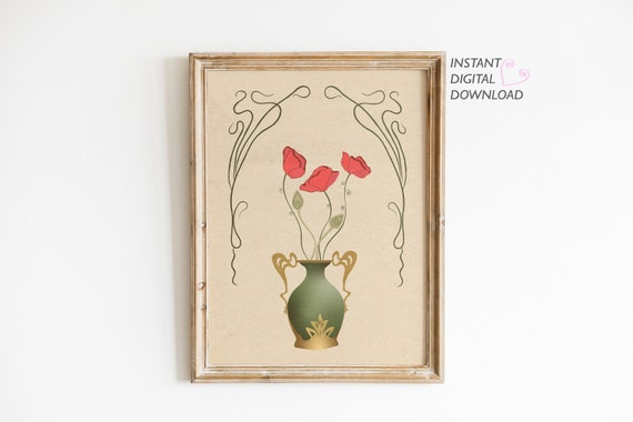 Art Nouveau Poppy Print, Art Nouveau Floral Wall Art, New Home Gift, Printable Wall Art