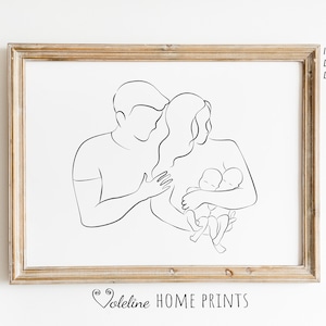 Familie met tweeling zeer fijne tekeningen, moeder vader tweeling baby&#39;s tekening, kunst aan de muur tweeling, minimalistisch cadeau pasgeborene, afdrukbare baby lijntekeningen