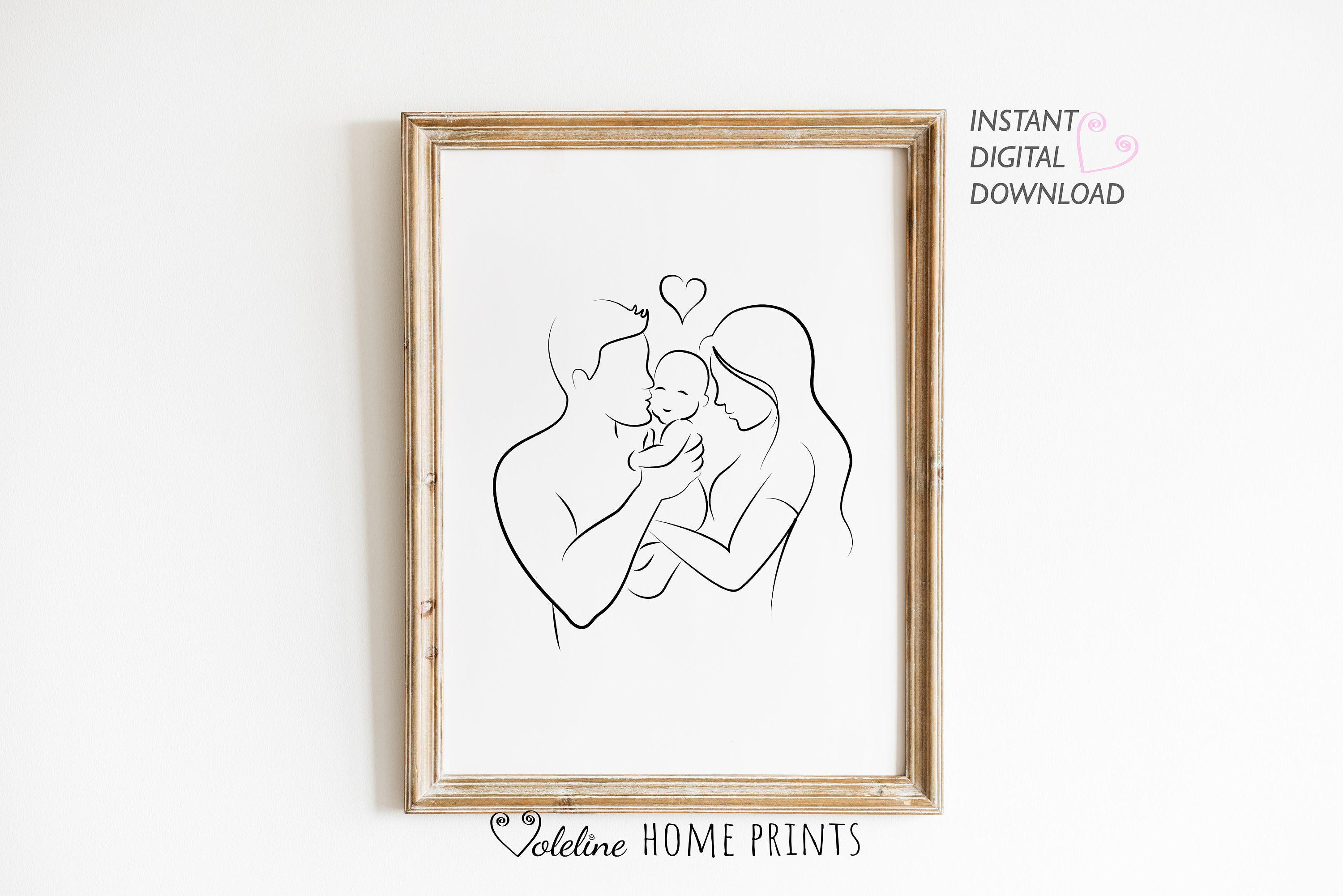 Mom Dad Baby Love, Printable Wall Art, Minimalist Family Line Art, Gift For New Parents