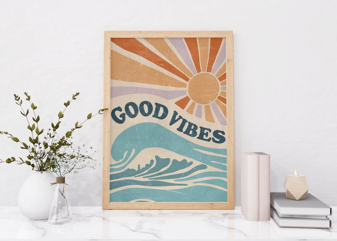 good-vibes-art-print-ocean-waves-wall-art-retro-sun-home-decor-boho