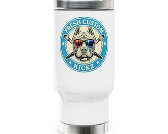 クールなサングラスとブルドッグのエンブレムがデザインされたステンレス製トラベルマグ | 14オンス