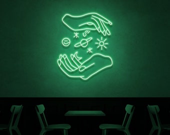 Celestial Hands Neon Sign, Eclipse, Planet, Moon & Sun, Custom LED Sign