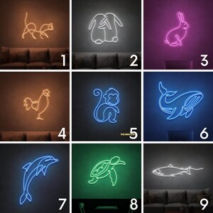 May include: Nine neon signs with various animal designs. The signs are displayed on a wall with numbers 1 through 9 below each sign. The signs are lit up in different colors, including orange, white, pink, blue, and green.
