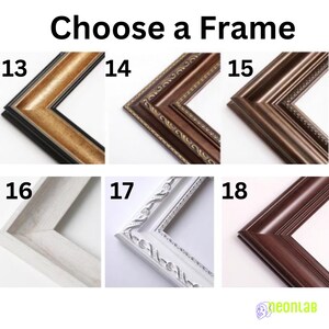 May include: Six different picture frame options, numbered 13 through 18. The frames are all different colours and styles, including gold, brown, white, and black. Choose a frame for your artwork or photo.