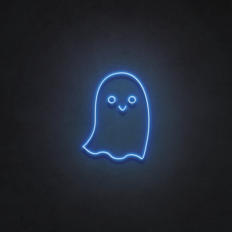 May include: A blue neon light shaped like a ghost with a smiling face and two eyes.