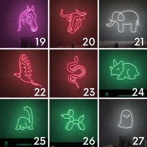 May include: Nine neon signs with various animal and object designs. The signs are in different colors, including pink, red, green, and white. The signs are numbered 19 through 27.