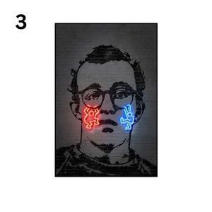 May include: A black and white portrait of a person with red and blue neon figures on their face. The neon figures are stylized stick figures.