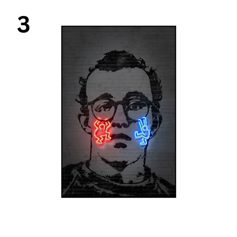 May include: A black and white portrait of a person with red and blue neon figures on their face. The neon figures are stylized stick figures.
