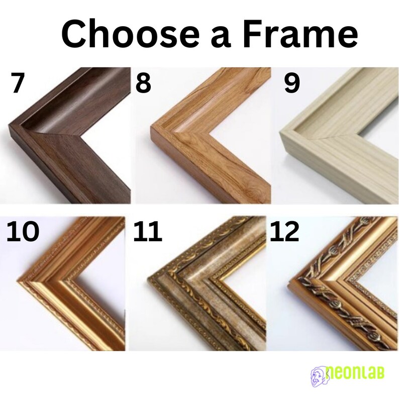 May include: Six different frame options for a picture or artwork. The frames are all different styles and colours, including brown, wood, white, and gold.