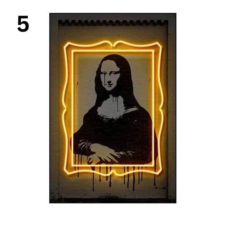 May include: A black and white image of the Mona Lisa with a yellow neon outline. The image is on a textured wall.