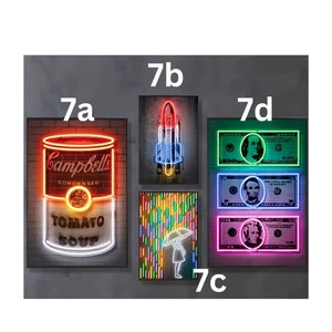 May include: Five neon signs with different designs. The first sign is a red and white Campbell's soup can. The second sign is a blue and red rocket ship. The third sign is a colourful abstract design with a person holding an umbrella. The fourth and fifth signs are green and pink dollar bills.