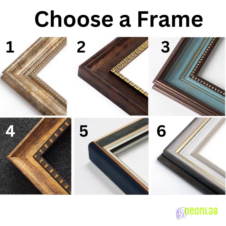 May include: Six different frame options for a picture or artwork. The frames are all made of wood and have a variety of colours and designs. The frames are numbered 1 through 6.